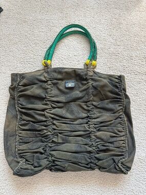 Juicy Couture Olive Green Ruched Tote with Green & Yellow Rope Handles